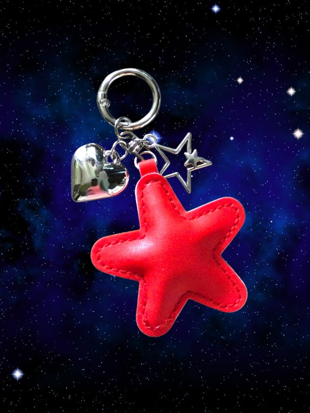 Red Leather Star Bag Charm / Keychain with Heart & Star Charms